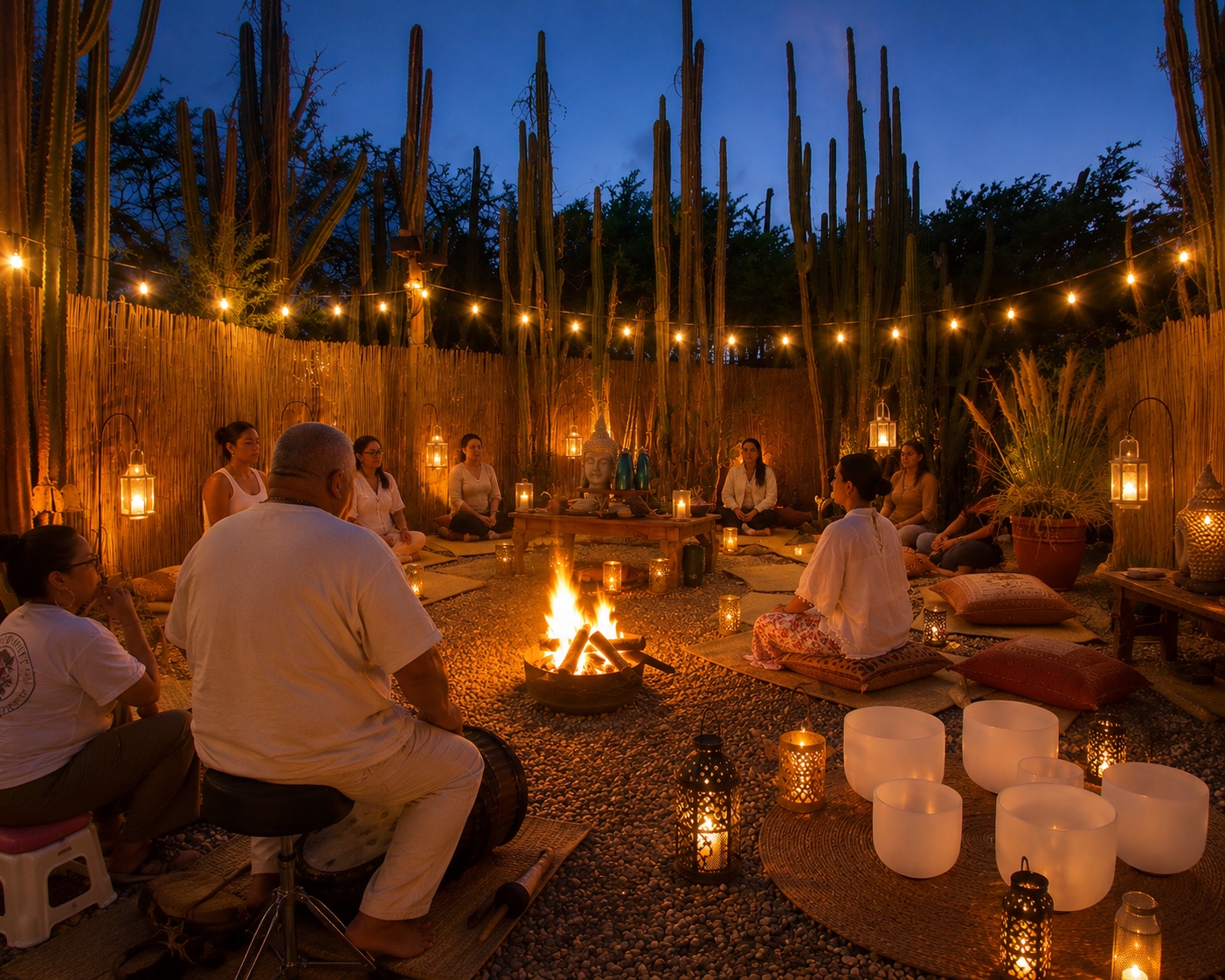 Evening retreat gathering by campfire with singing bowls at Mammaloe’s Aruba