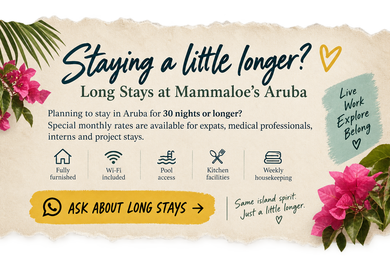Staying a little longer? Long Stays at Mammaloe’s Aruba — Planning to stay for 30 nights or longer? Special monthly rates available for expats, medical professionals, interns and project stays. Fully furnished, Wi-Fi included, pool access, kitchen facilities, weekly housekeeping. Ask about long stays.
