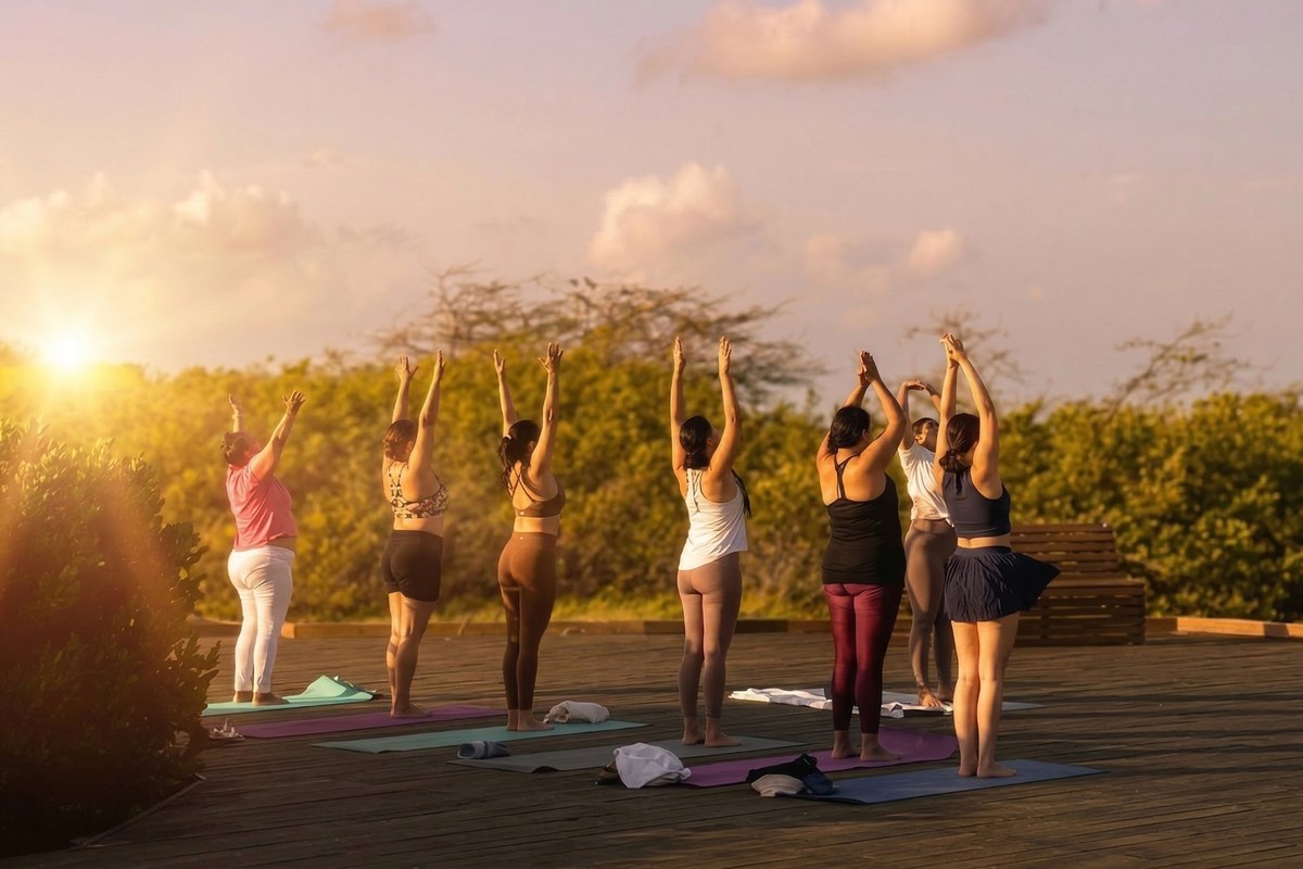 Sunset outdoor yoga and mindfulness session at Mammaloe’s Aruba