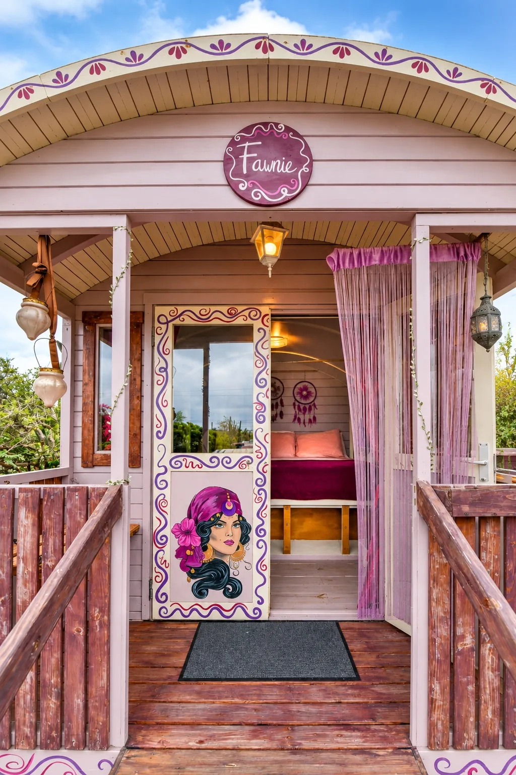 Fawnie, the pink Gypsy Wagon at Mammaloe’s Aruba, with lanterns and a wooden porch