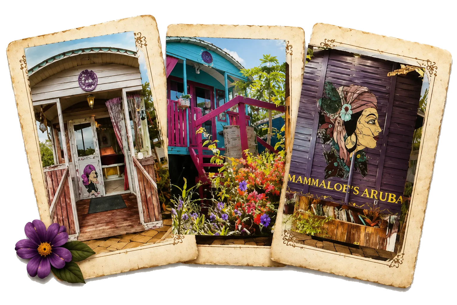 Colourful Bohemian Gypsy Wagons at Mammaloe’s Aruba with hand-painted wood and tropical flowers