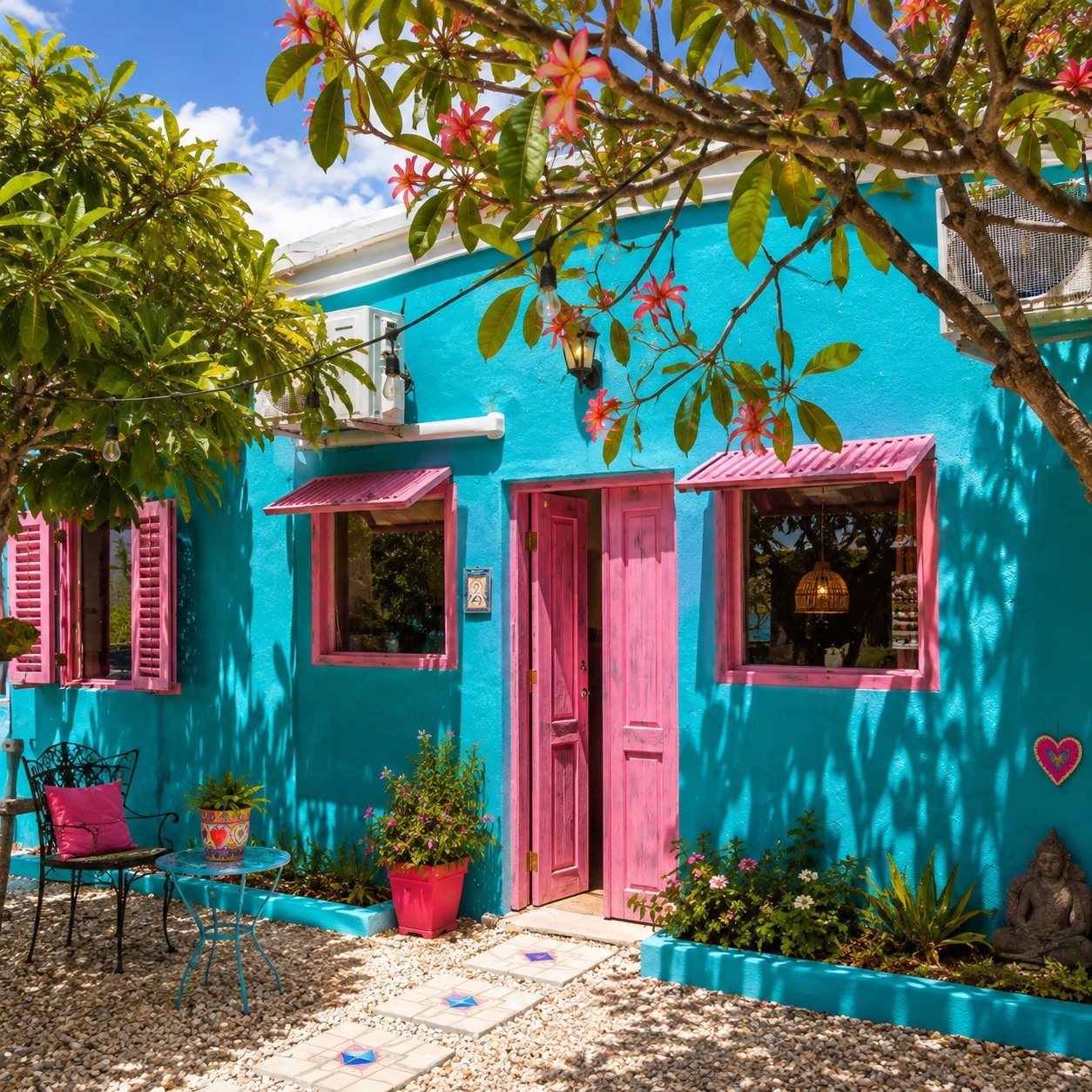 Current vibrant turquoise house at Mammaloe’s Aruba